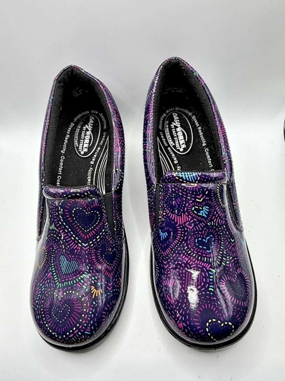 Easy Works by Easy Street Leeza Slip Resistant Clogs Purple Hearts Nursing Shoes
